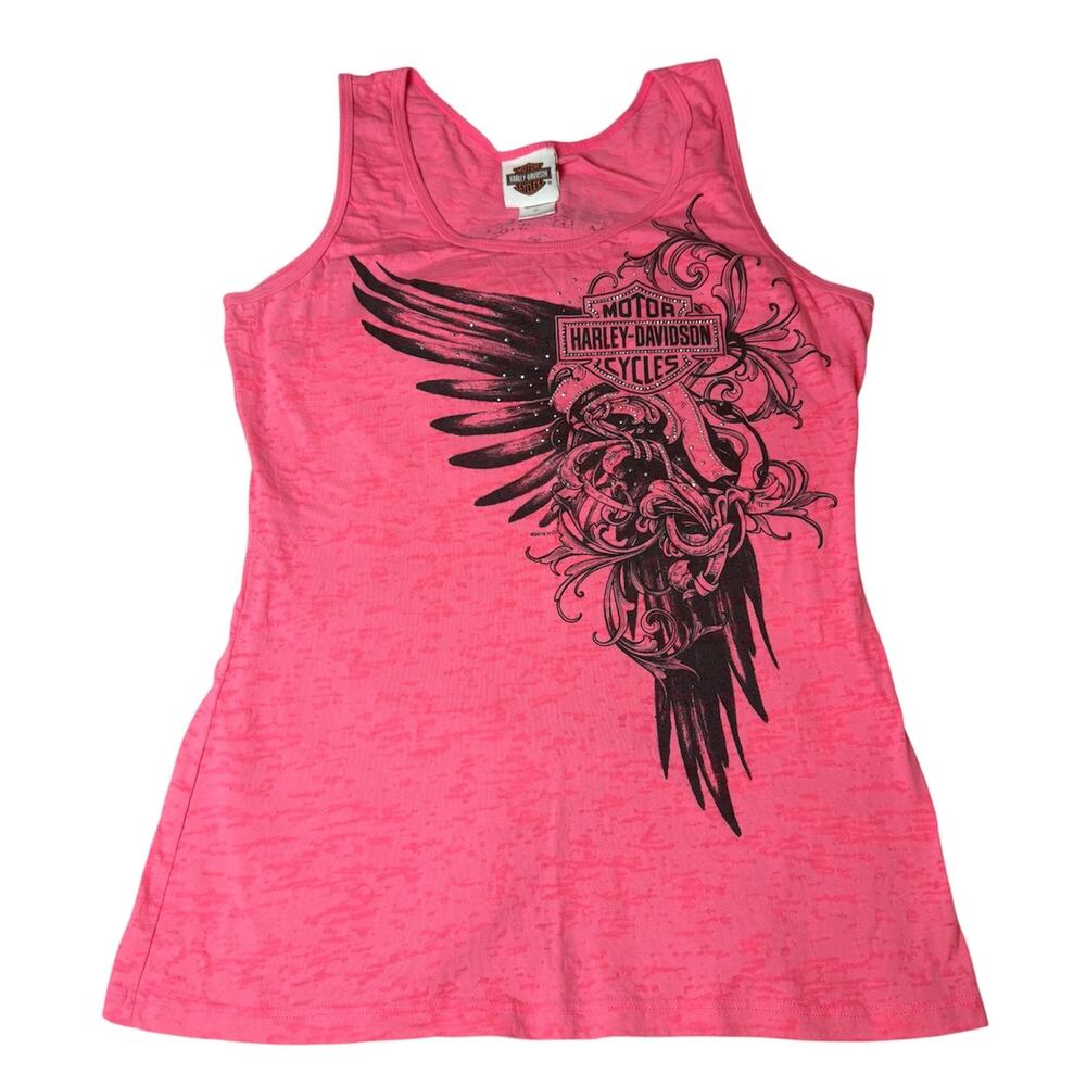 Harley Davidson Pink Burnout Tank Top Wing Graphic Biker Y2K Size XL Rhinestone - Picture 2 of 6